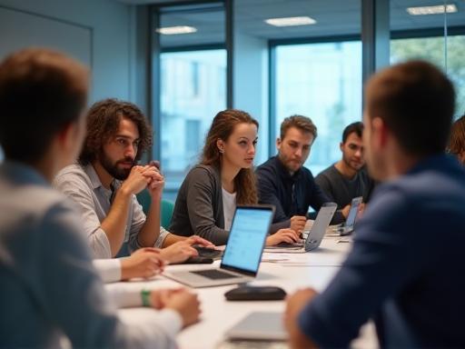 Innovazione Accademica team engaged in a collaborative meeting in a modern office setting